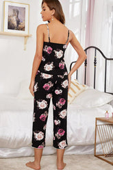 Floral V-Neck Cami and Cropped Pants Lounge Set OutfitFlow